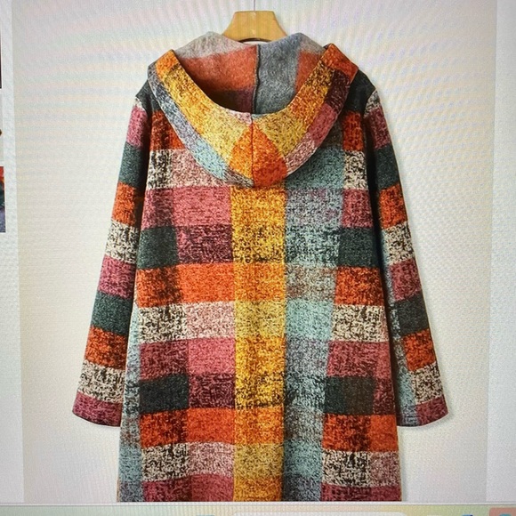 Color-Block Plaid, Hooded, Open Front, Cardigan Style Outerwear Sweater Jacket M - Picture 3 of 6